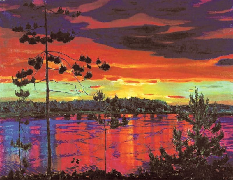 Закатный пейзаж Аркадия Рылова яркий, насыщенный, но цвета подобраны по принципу комплиментарности. Синему соотвествует оранжевый цвет по цветовому кругу. Художник использует их родственные сочетания. 