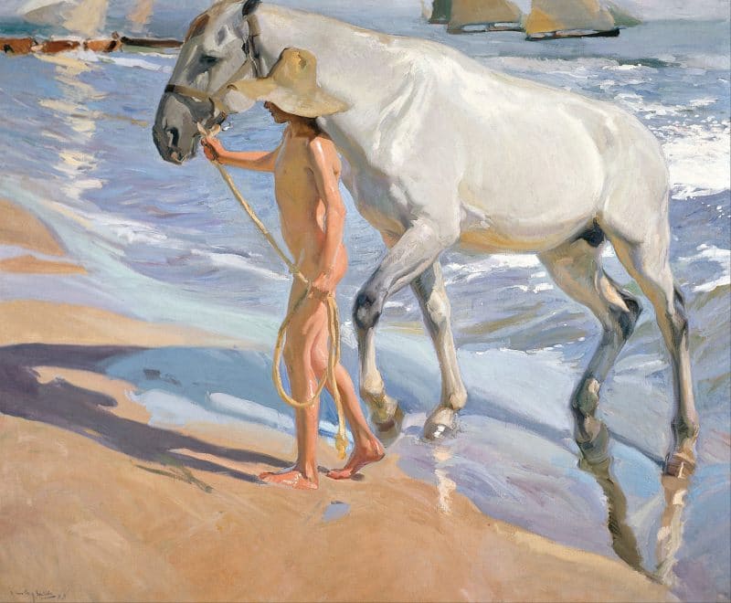Мы видим солнечный яркий день, юноша выводит коня на берег, все окутано теплым летним светом. В тенях мы видим больше холодных оттенков (иолетовых, зеленоватых и синих), чем на освещенных элементах. “Купание коня”, автор: Хоакин Соролья.
