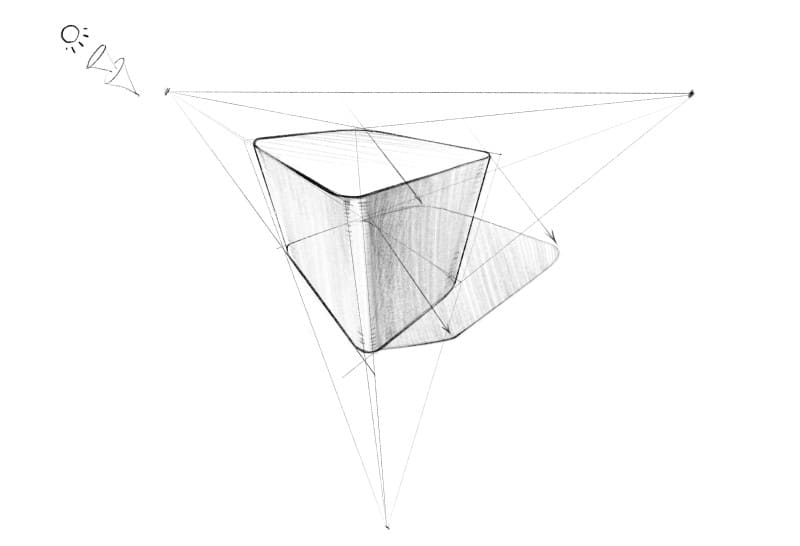 Легкими штрихами через углы куба проведем линии лучей и отметим тень объекта на поверхности