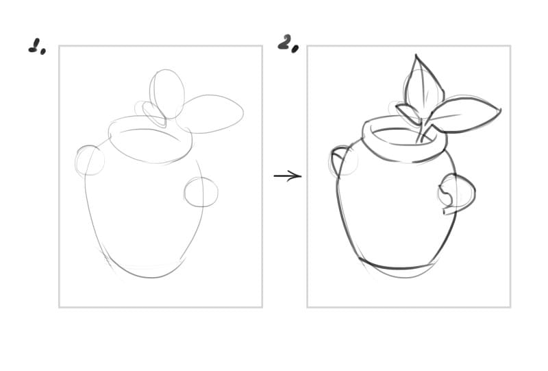 Более детально рисуем горшок, ручки, горлышко, листки
